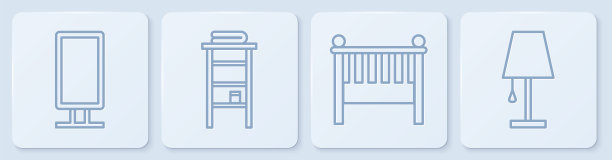 设置线大全长镜子，婴儿床摇篮床，浴室机架与架子的毛巾和台灯。白色正方形按钮。向量图片下载