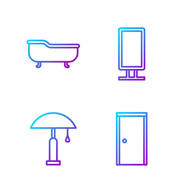 设有闭门、台灯、浴缸、大通体镜。渐变颜色图标。向量图片下载