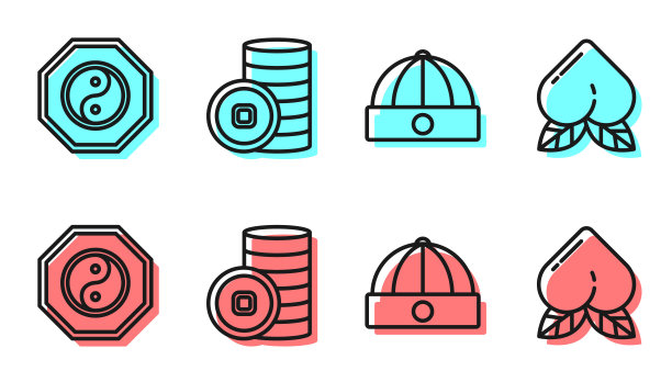 设行中国帽子、阴阳、人民币货币和桃果图标。向量图片下载