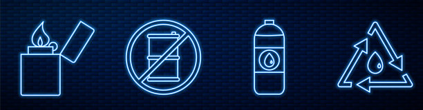 设置机油罐，打火机，汽油无桶，带循环油滴和速度计。砖墙上发光的霓虹灯图标。向量图片下载