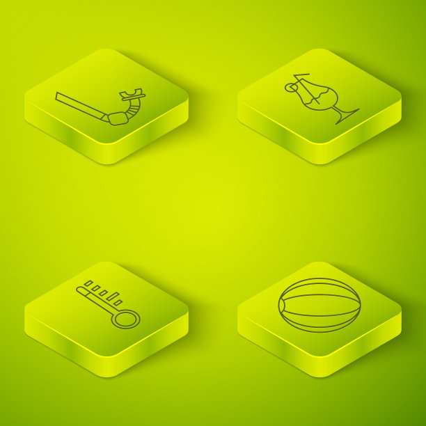 设置等距鸡尾酒和酒精饮料，气象温度计，沙滩球和通气管图标。向量图片下载