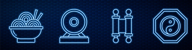 集线旨，纸，羊皮纸，卷轴，亚洲面条在碗，宫，阴阳和纸中国折扇。砖墙上发光的霓虹灯图标。向量图片下载