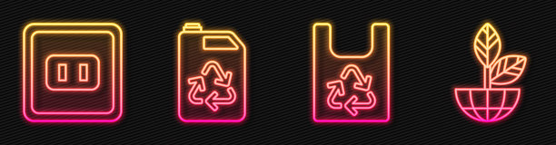 集回收塑料袋、插座、环保燃料罐、地球仪、植物等系列产品于一体。发光的霓虹灯图标。向量图片下载