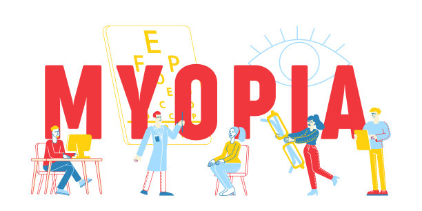 近视的概念。眼科医生Snellen表上的眼睛性格测试。眼科医生与指针，女人携带眼镜，眼科治疗海报横幅传单。线性人物矢量图图片下载