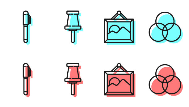 设置线图片景观，笔，推针和RGB和CMYK颜色混合图标。向量图片下载