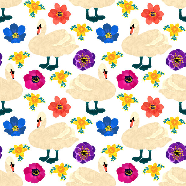 无缝图案天鹅和花，手绘插图图片下载