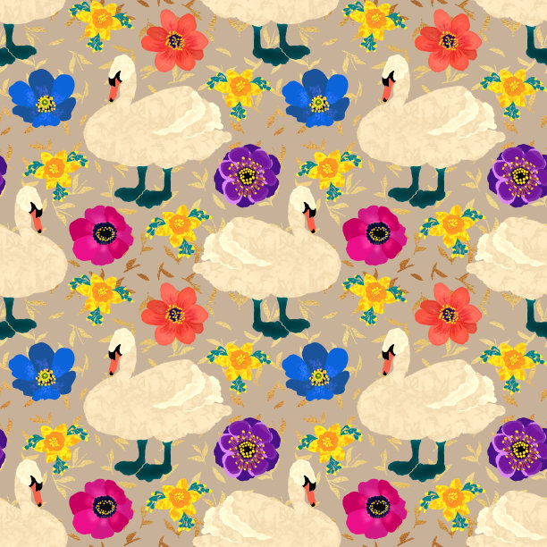 无缝图案天鹅和花，手绘插图图片下载