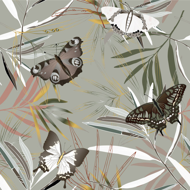 蝴蝶与热带棕榈叶相映成趣图片下载