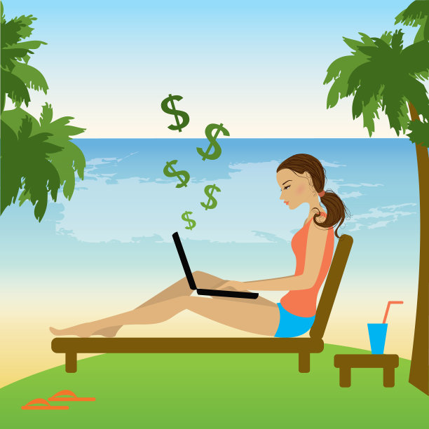 在海滩上工作的自由职业者女孩图片下载