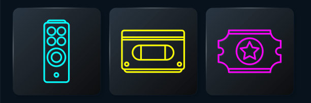 遥控器、电影票、VHS盒式录像带。黑色方形按钮。向量图片下载