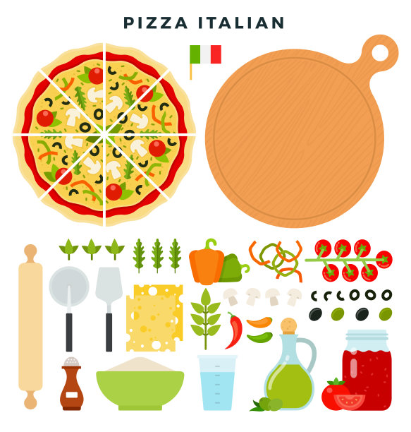 经典的意大利披萨和所有烹饪材料。让你的披萨。一套产品和工具的比萨制作。矢量插图。图片下载