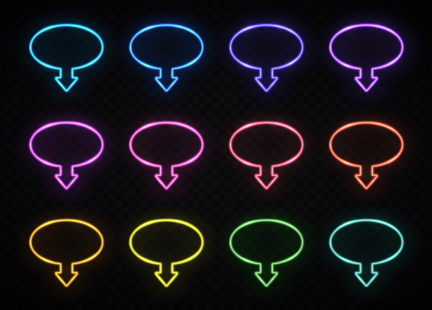 椭圆色霓虹灯箭头标志设置在黑暗透明的背景。发光的圆形指针。led电子管外框。夜总会酒吧商店游戏赌场横幅设计。强光矢量图素材图片