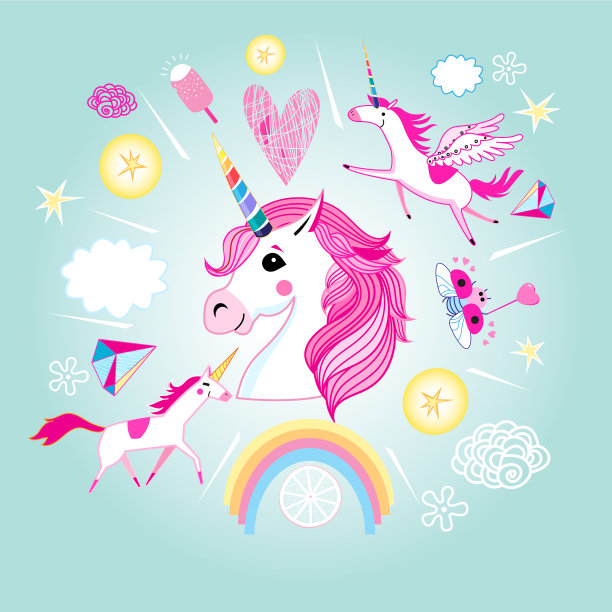 卡通设置的独角兽和神话般的物体图片下载