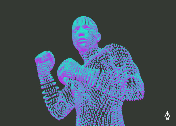 拳击手，战斗者，体育运动标志，由粒子组成的矢量图。图片下载