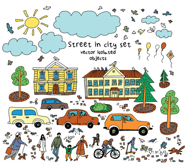 涂鸦街道上的人，汽车，房子，太阳图片下载