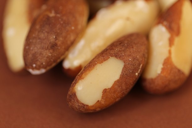 在棕色背景上的巴西坚果特写。酮饮食成分。健康的零食。低碳水化合物营养。图片下载