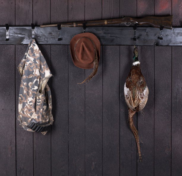木制背景上的狩猎装备，野鸡尸体图片下载