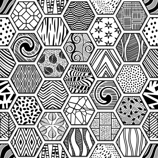 黑白拼接图案六角形瓷砖，3d插图图片下载