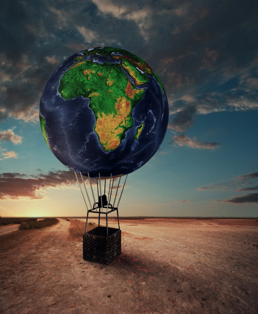热气球与地球。全球热气球和环游世界的概念。这是一个3d渲染图图片下载