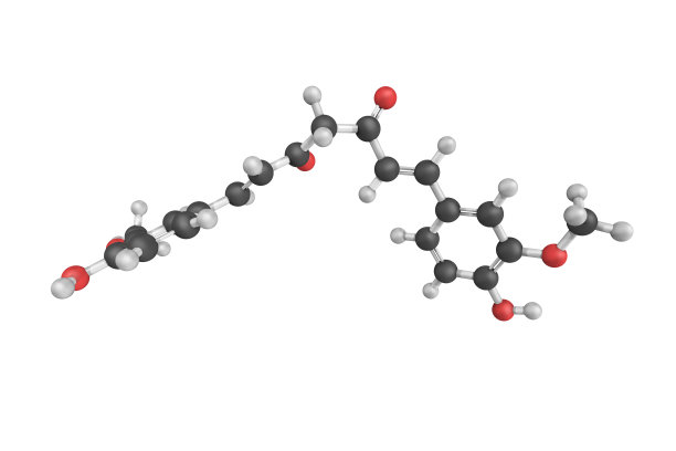 姜黄素的三维结构，一种由一些植物产生的亮黄色化学物质。它作为草药补充剂、化妆品配料、食品调味料和食用色素出售图片下载