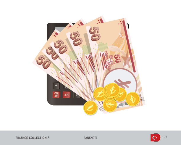 金钱和财务。计算器与50土耳其里拉纸币和金币。平面风格矢量插图。图片下载