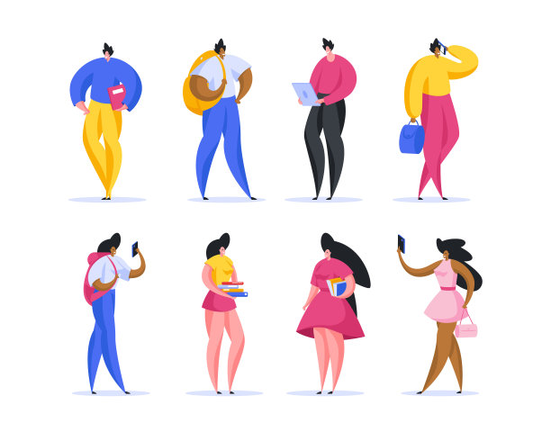 大学期间的多样化学生。平面卡通人物矢量插图图片下载