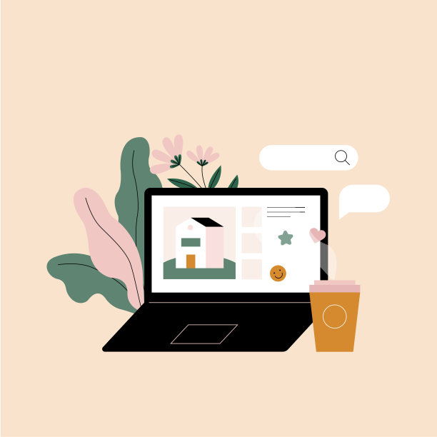 屏幕上有家庭图片的笔记本电脑。在线购买房子。台式电脑，笔记本电脑，咖啡和鲜花。图片下载