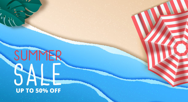夏季销售横幅设计与剪纸热带海滩。矢量图图片下载