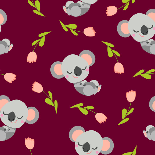 无缝图案与熟睡的考拉宝宝和粉红色郁金香。波尔多的背景。平的卡通风格。可爱和有趣。对于孩子，明信片，纺织品，墙纸和包装纸。夏春点缀图片下载