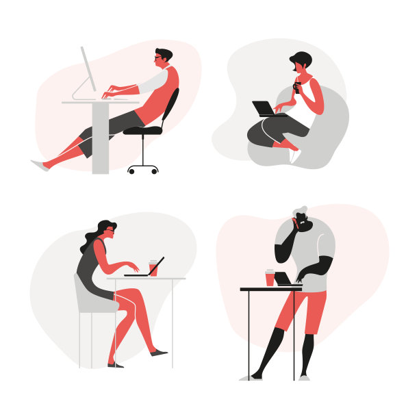 办公室工作和在家远程工作，自由职业。人们在电脑上工作。场景在办公室。在线教育、培训、研讨会。新闻和沟通。矢量插图集。图片下载