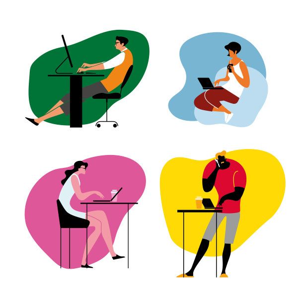 办公室工作和在家远程工作，自由职业。人们在电脑上工作。场景在办公室。在线教育、培训、研讨会。新闻和沟通。矢量插图集。图片下载