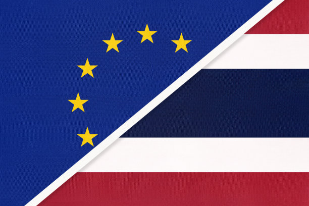欧盟或欧盟和泰国的国旗纺织品。象征欧洲委员会协会。图片下载