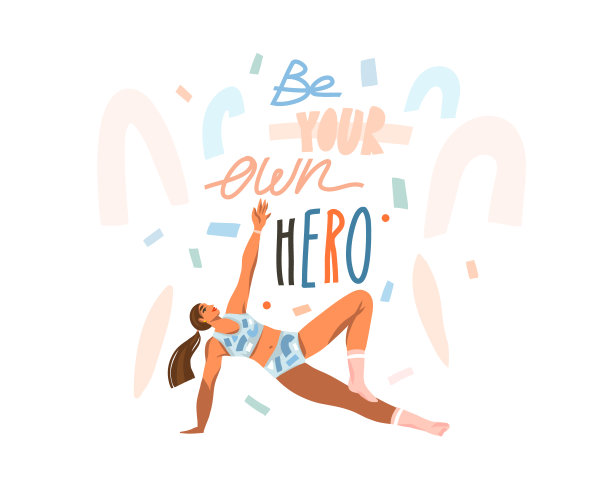 手绘矢量抽象股票图形插图与年轻快乐的女性训练锻炼在家和成为你自己的英雄手写字母孤立在白色拼贴背景图片下载