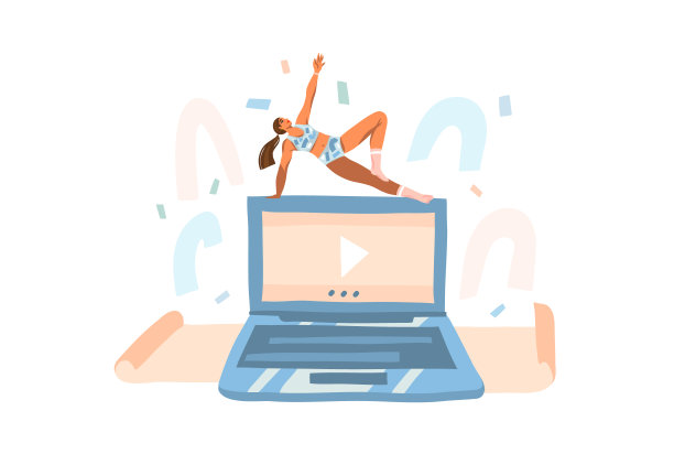 手绘矢量抽象股票图形插图与年轻快乐的女性培训在家与视频在笔记本电脑上隔离在白色的背景图片下载