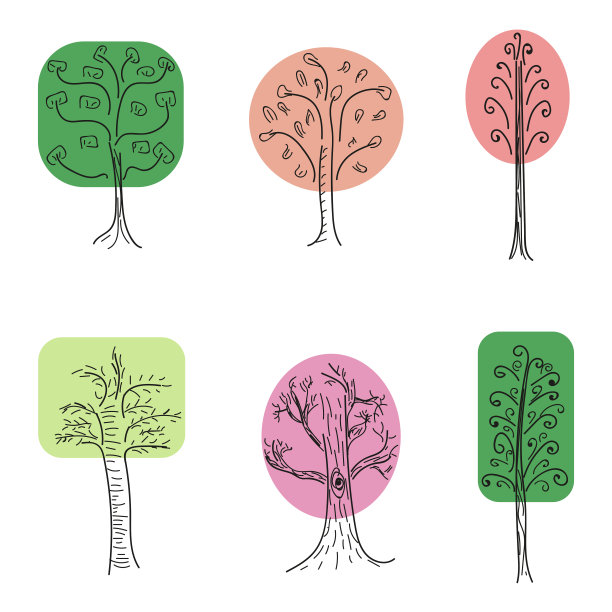 卡通图案与彩色涂鸦多色树在白色的背景。图片下载