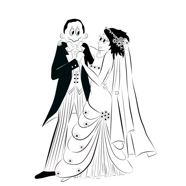 矢量卡通插图的一对新婚夫妇，新娘和新郎拥抱彼此眼睛对眼睛在他们的婚礼的日子图片下载