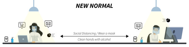 商务人士戴口罩和面罩预防疾病爆发。彼此保持距离。2019冠状病毒(COVID-19)大流行后的新常态概念病媒说明。图片下载