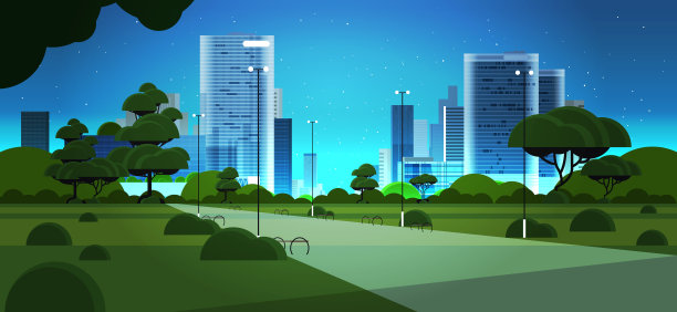 夜晚城市公园城市天际线摩天大楼和蓝色黑暗的天空与星星城市景观背景图片下载