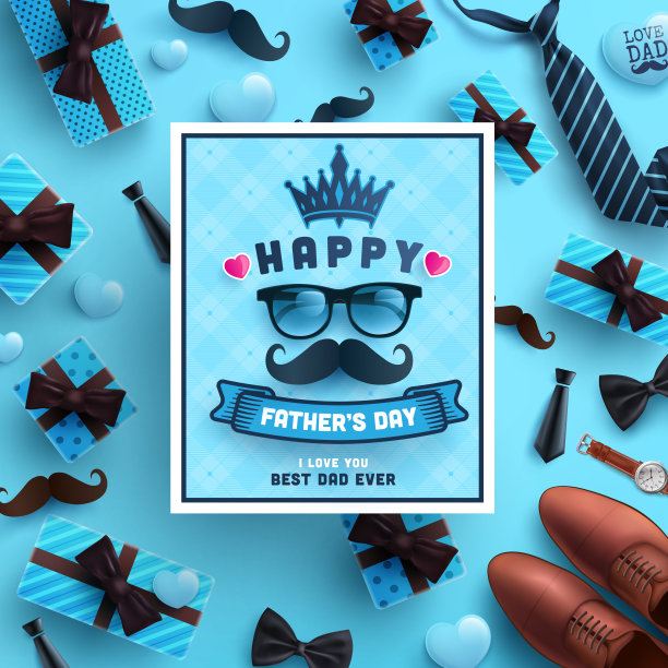 父亲节海报或横幅模板与领带，眼镜和礼盒在蓝色的背景。父亲节的问候和礼物平躺造型。促销和购物模板的爱爸爸图片下载