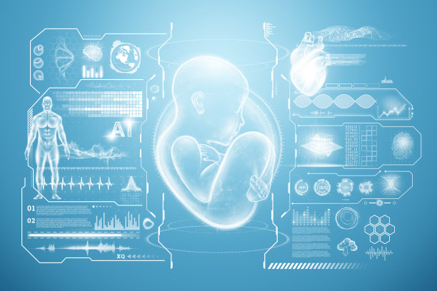 一个胎儿，一个胚胎，一个带有医疗指示的全息图。怀孕的概念，人工授精，医学检查，医学的未来。3D插图，3D渲染。图片下载