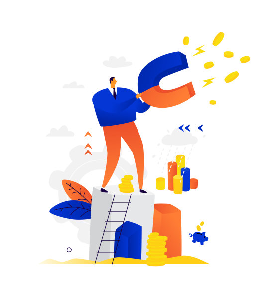 插图的商人与磁铁吸引收入。在商业中筹集资金。硬币围绕着一个商人。在公司的职业发展。投资你的生意。对危机说不。素材图片
