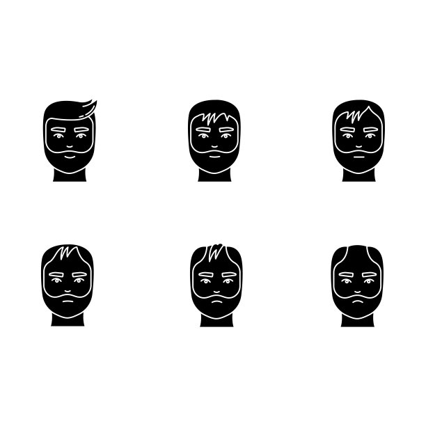 脱发黑色字形图标设置在空白。脱发的过程阶段。男性脱发的条件。头发稀疏。头皮皮肤问题。轮廓符号。向量孤立的插图图片下载