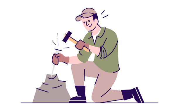 人工作与凿和锤平面矢量插图。考古发掘。岩石的探索。男性白种人研究员打破石头卡通人物与轮廓在白色的背景图片下载