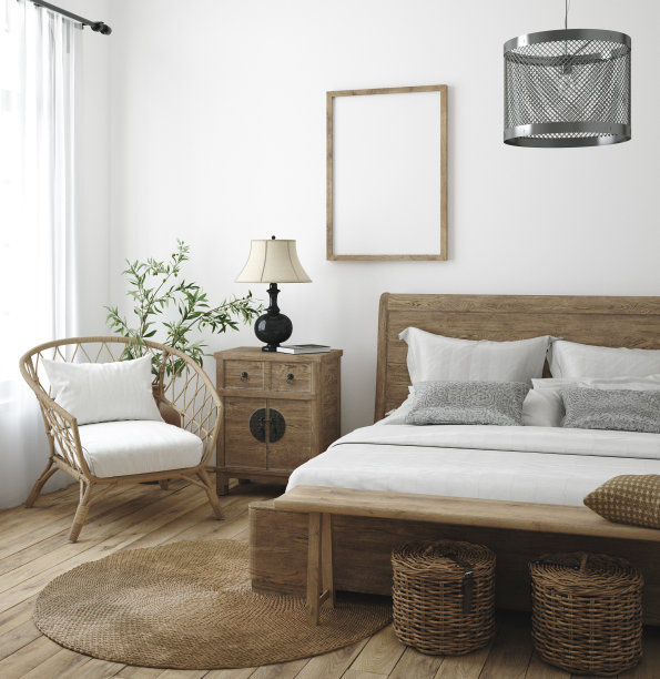 在卧室室内背景的模型框架，农舍风格图片下载