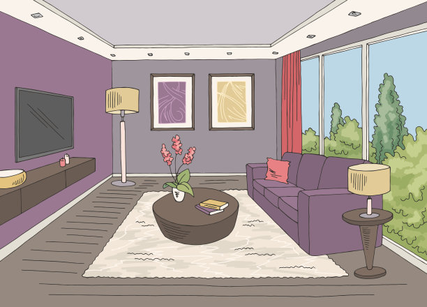 客厅图形色彩家居室内素描插图向量图片下载