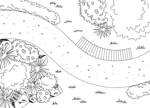 园林景观建筑师设计公园图形黑白草图鸟瞰图矢量图片下载