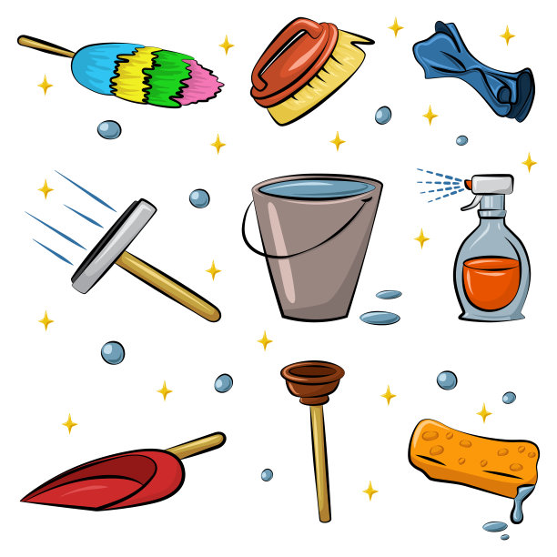 清洁工具矢量卡通设置孤立的白色背景。抹布，海绵，抹布，窗户清洁刷，喷雾器，球扣，塑料勺，活塞，水桶。图片下载