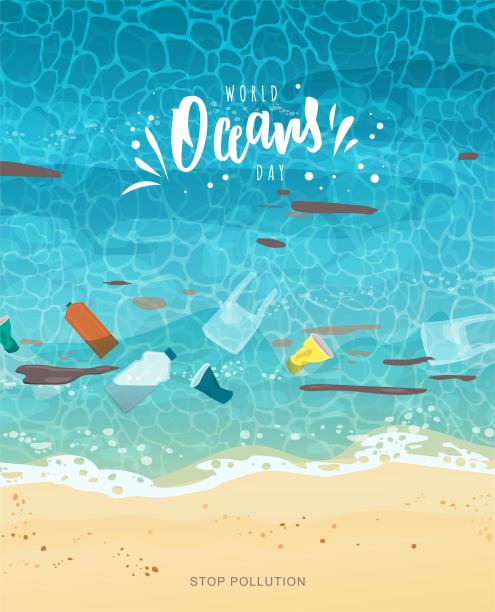 海洋日手工刻字。被沙子、垃圾、瓶子、纸杯、塑料袋、垃圾、顶视图污染的海岸。卡通矢量插图。图片下载
