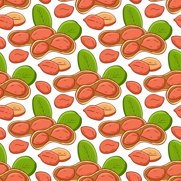 无缝模式与平坦的彩色花生图像上的白色背景。矢量插图。花生，带壳和叶子的坚果。没完没了的模板。特写瓷砖纹理包装和包装。图片下载