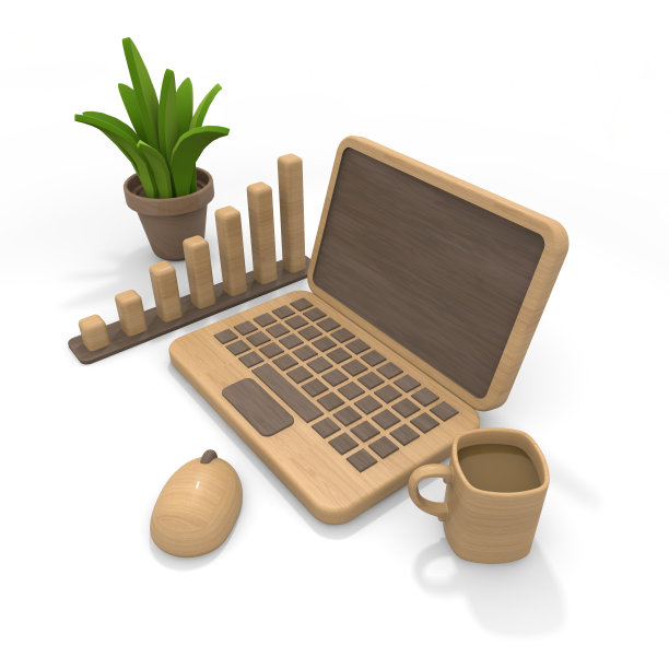 一个木制的电脑。的工作环境。木制的小雕像。三维渲染图片下载